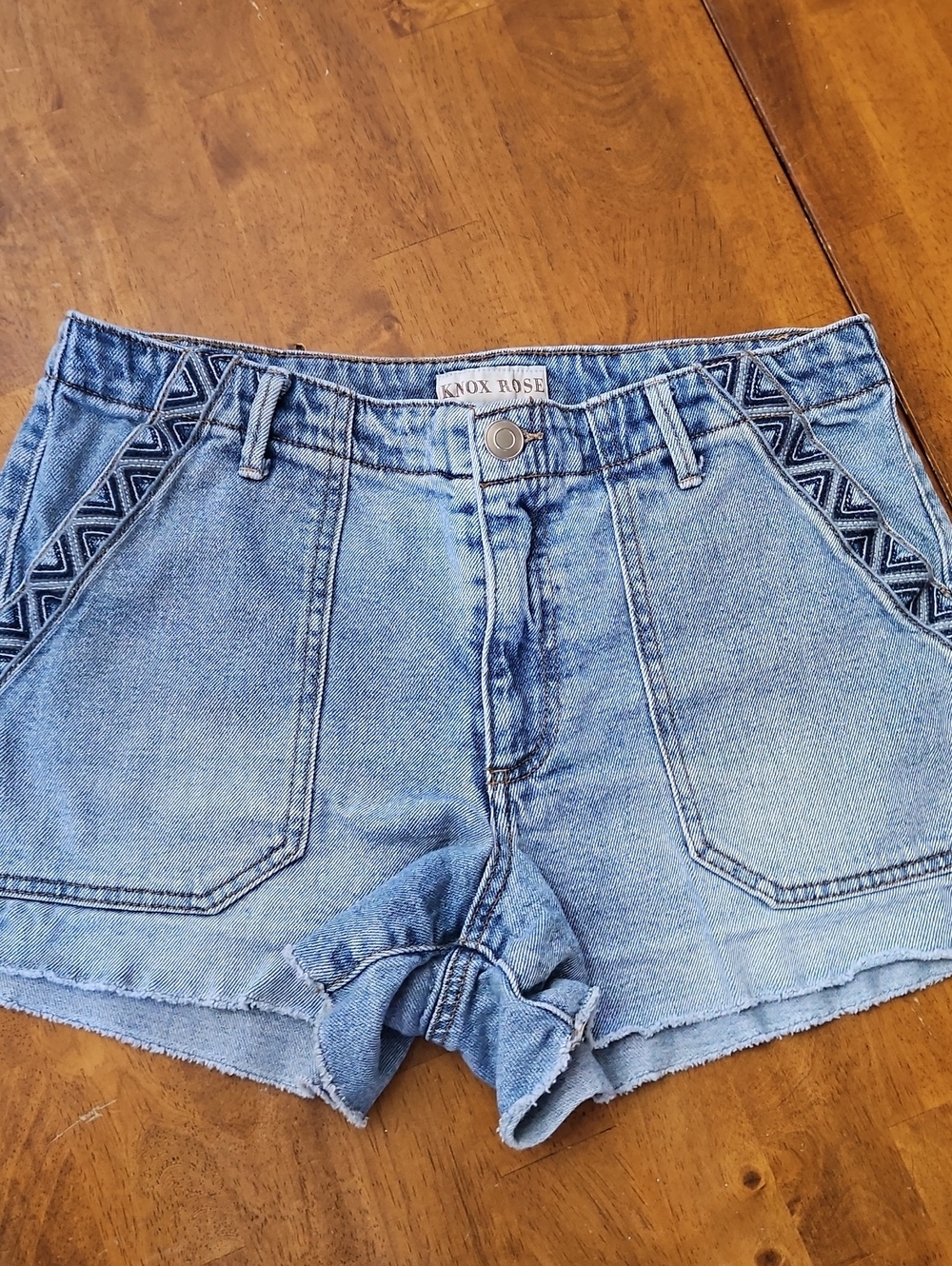 Knox Rose Washed Blue Denim Shorts with Embroidered Side Trim